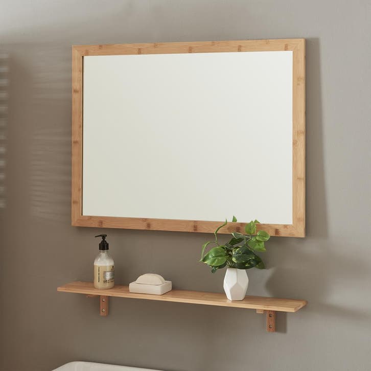 Wandspiegel Boksereys 80x60 cm met plank bamboe naturel [en., Huis en Inrichting, Woonaccessoires | Spiegels, Verzenden