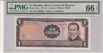 1972 El Salvador 1 Colon Pick 115a Pmg Gem Unc 66 Epq, Verzenden