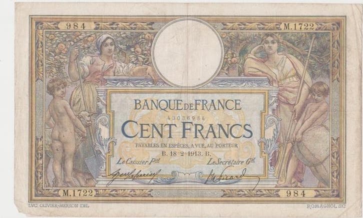 France Frankreich F 23/05 100 Francs Luc Olivier Merson 1..., Postzegels en Munten, Bankbiljetten | Europa | Niet-Eurobiljetten
