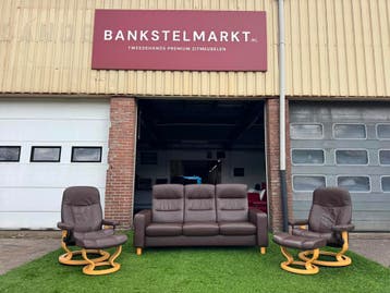 STRESSLESS Wave bankstel bruin leer design 3 bank+2fauteuils, Design, Rechte bank, Vierpersoons of meer, Leer