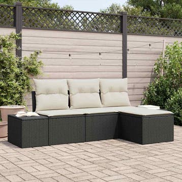 vidaXL Tuin Sofa Set met kussen 4 pcs Zwart poly rattan, Verzenden, Nieuw, Rotan, 4 zitplaatsen
