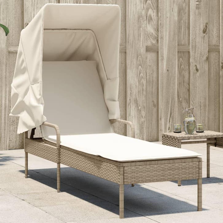 Ligbed met luifel poly rattan beige, Tuin en Terras, Tuinstoelen, Nieuw, Verzenden