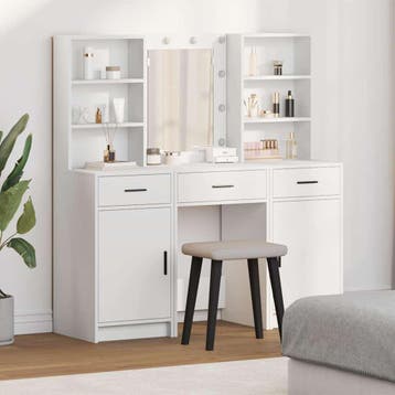 vidaXL Make-up tafel set met LED 3 st Wit Bewerkt hout, Verzenden, Nieuw
