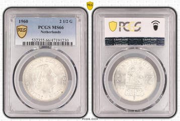 Koningin Juliana zilveren 2 1/2 gulden 1960 MS66 PCGS, Verzenden, Koningin Juliana, Losse munt, Zilver