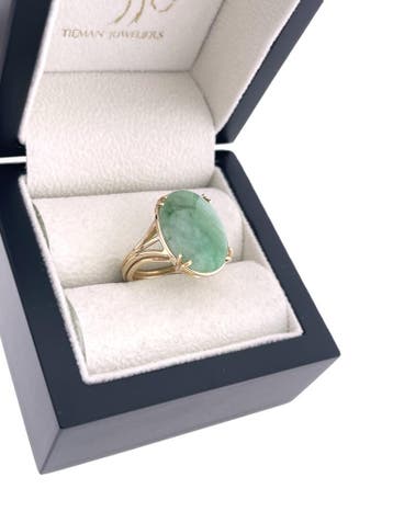 Antiek Gouden Ring Ovaal Jade Jadeiet Vintage 4-Band Ring, Ophalen, Zo goed als nieuw, 17 tot 18, Met edelsteen