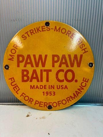 Paw Paw Bait Co. – Rond Emaille Hengelsport Reclamebord -