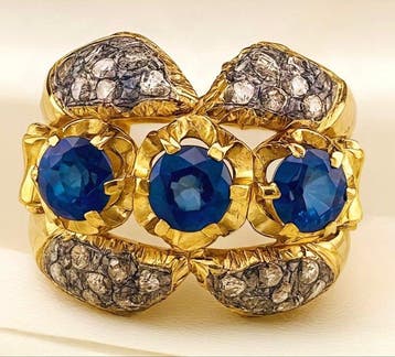 Zonder minimumprijs - Ring - 9 kt. Geel goud, Zilver Saffier, Sieraden, Tassen en Uiterlijk, Nieuw