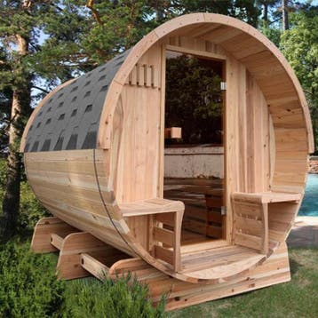Buitensauna Barrelsauna | TR270 Halfglas | 6 pers | Showroom, Sport en Fitness, Ophalen of Verzenden, Nieuw, Fins of Traditioneel