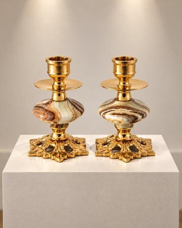 Kaarsenhouder (2) - Verguld messing - Luxe onyx klassiekers