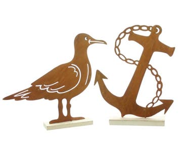Metaal decoratie zeemeeuw met anker op houten voet, Verzenden, Nieuw
