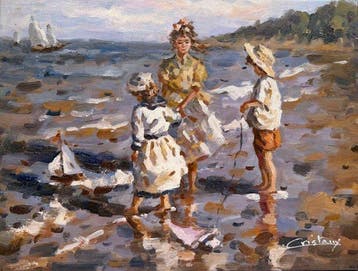 Francis Cristaux (1950) - Enfants aux Petits Voiliers, Antiek en Kunst
