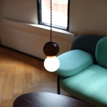 Houten LED Hanglamp Glazen Bol – Zwart Walnoot G9, Verzenden, Nieuw