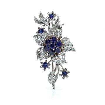 Broche Platina - Vintage Palladium saffier en diamant
