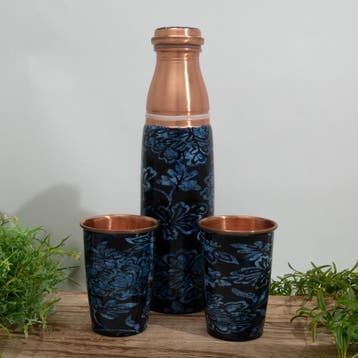 Puur koperen set van fles bloemenprint blauw ± 950 ml met 2, Ophalen of Verzenden, Nieuw