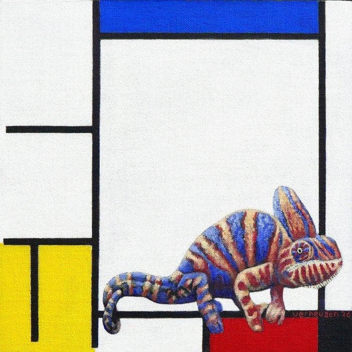 Jos Verheugen - Free after Mondrian, with chameleon (M1121), Antiek en Kunst, Kunst | Schilderijen | Modern
