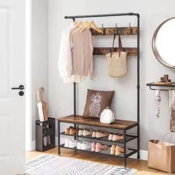 Industriële Kapstok met Zitbank – Waterpijpdesign en 9 Haken, Huis en Inrichting, Woonaccessoires | Kapstokken, Verzenden, Nieuw
