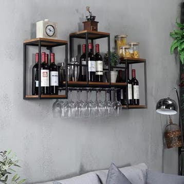 Vintage Wandwijnrek Hout en Metaal– Wijnrek en Glashouder 10, Huis en Inrichting, Woonaccessoires | Wijnrekken, Verzenden, Nieuw