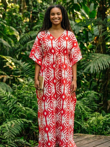 Boho rayon kaftan jurk met tailleband - Rood Wit Tribal Wave, Ophalen of Verzenden, Nieuw