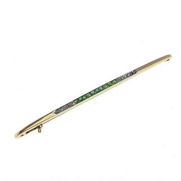 Gouden lange smalle broche met smaragd en diamanten; ca...., Gebruikt, Ophalen of Verzenden, Met edelsteen, Goud