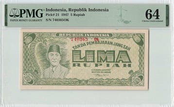 1947 Indonesia 5 Rupiah Pick 21 Pmg Choice Unc 64, Verzenden
