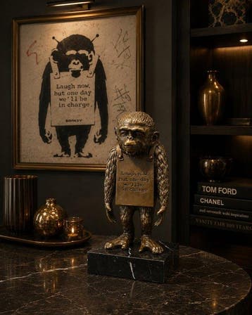 Beeld, Laugh Now Monkey - After Banksy - 27 cm - Brons,, Antiek en Kunst