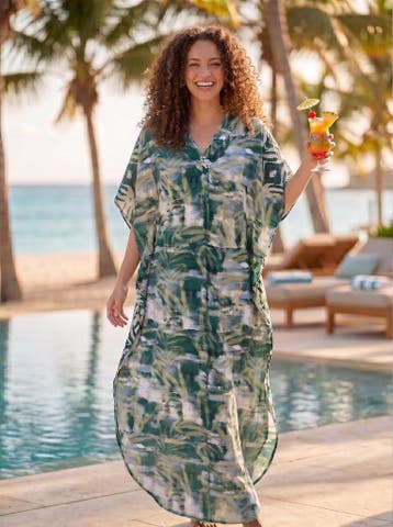 Boho rayon kaftan jurk - Groen Beige Jungle Mist, Ophalen of Verzenden, Nieuw