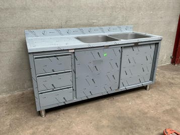 Spoeltafel met schuifdeuren en 3 laden 2 bak rechts 180cm, Ophalen of Verzenden, Nieuw in verpakking, RVS Meubilair