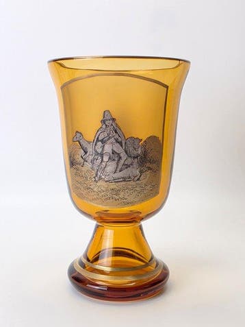 Bohemia Glass - Hand Painted Amber Glass - Vaas - Glas, Antiek en Kunst, Antiek | Glas en Kristal