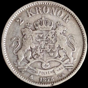 Zweden. Oscar II. 2 Kronor 1878 / Key date (Zonder, Gestempeld
