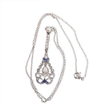 Halsketting Platina - Diamant - Saffier, Art Deco 1920, Nieuw