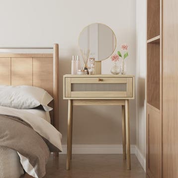 Houten Make-up Tafel met Rotan Ladefront en Ronde Spiegel -, Verzenden, Nieuw