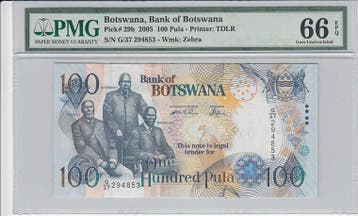 2005 Botswana 100 Pula Pick 29b Pmg Gem Unc 66 Epq, Verzenden