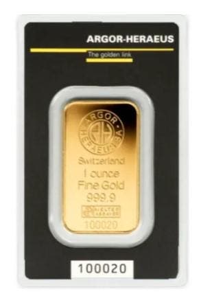 1 oz goudbaar - Argor Heraeus (met certificaat), Verzenden, Goud