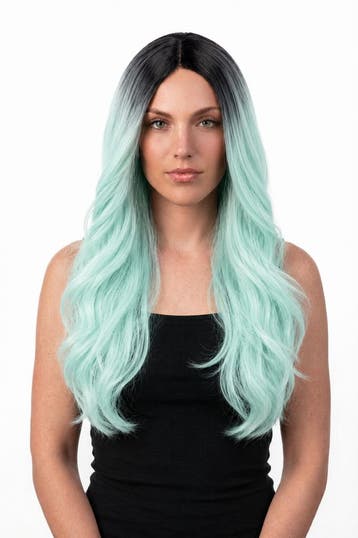 KIMU® Luxe Lange Mint Pruik Mintgroene Ombre Zwarte Uitgroei, Ophalen of Verzenden, Nieuw, Carnaval