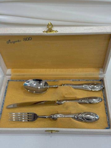 Bestekset (3) - zilveren bestekset met doos - .800 zilver, Antiek en Kunst