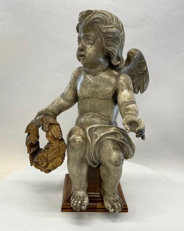 Beeld, Zittende putto (engel) - 55.5 cm - Hout, Antiek en Kunst