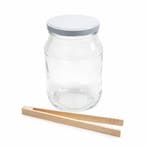Glazen pot 1.7 liter met witte deksel en houten tang, Verzenden, Nieuw