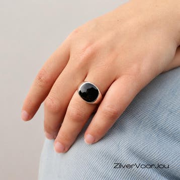 Zilveren zegelring uniseks zwarte agaat vierkant, Verzenden, Nieuw, Zilver