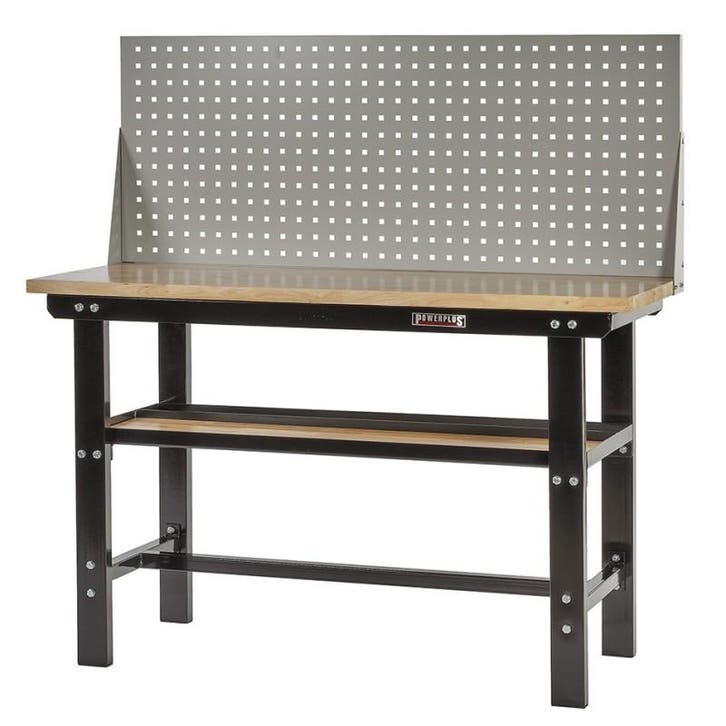 Werkbank zwart 150 cm met hardhouten blad + gereedschapsbord, Doe-het-zelf en Verbouw, Werkbanken, Ophalen of Verzenden