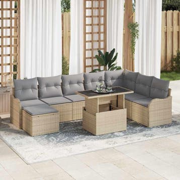 vidaXL Tuin Sofa Set 9 st Beige [Synthetisch]: Poly Rattan, Verzenden, Nieuw, Rotan, Meer dan 8 zitplaatsen