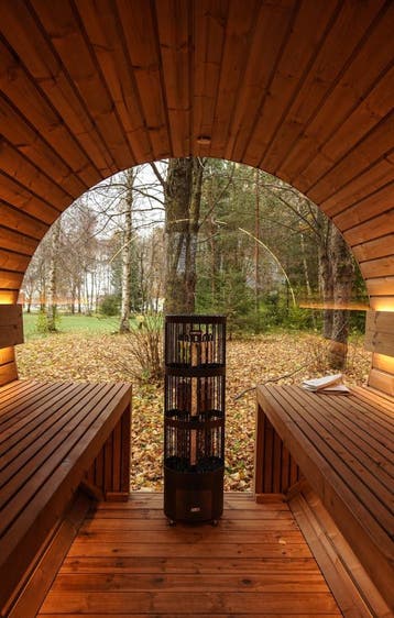 Barrelsauna panorama thermohout barrel sauna prefab geleverd, Sport en Fitness, Nieuw, Fins of Traditioneel, Complete sauna