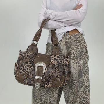 Y2K Leopard Print Patchwork Tote Bag met Ritsen en Meerdere