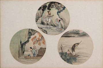 Set of Three Chinese Circular Scholar Paintings on