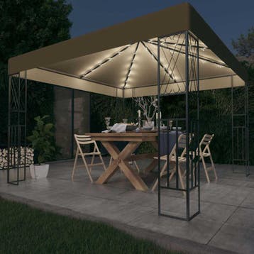 vidaXL Prieel met LED-lichtslinger 3x3 m stof taupe, Verzenden, Nieuw