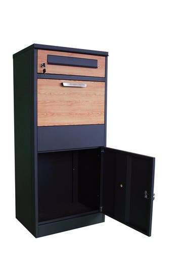 Pakketbrievenbus Antraciet Houtlook | Premium | OP=OP, Tuin en Terras, Brievenbussen, Staal, Staande brievenbus, Nieuw, Ophalen of Verzenden