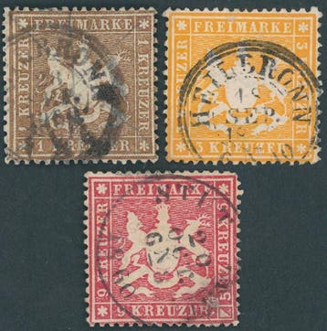 Württemberg 1860 - gestempelde 1 Kr bruin, 3 Kr oranje, 9 Kr, Gestempeld