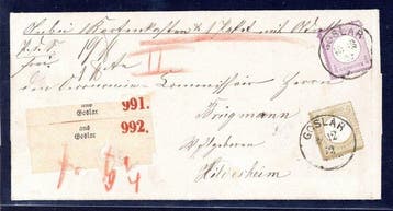 Duitse Rijk 1872 - 1/4 Gr. violet, naast 5Gr. ockerbruin, op, Postzegels en Munten, Gestempeld