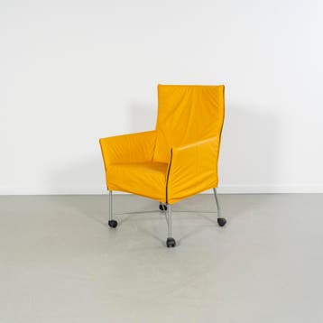 8x  Montis Charly Fauteuil Okergeel Leer - Grijs/Wiel, Huis en Inrichting, Ophalen, Gebruikt, Minder dan 75 cm, Leer