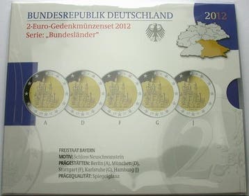 5 x 2 Euro 2012 A,d,f,g,j Duitsland Freistaat Bayern, Postzegels en Munten, Verzenden