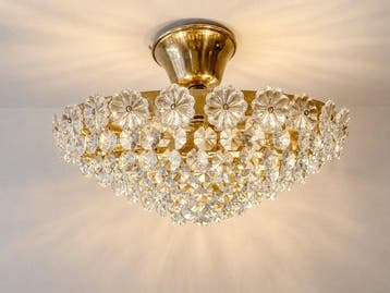 Lamp - Vintage plafondlamp van kristal en messing –